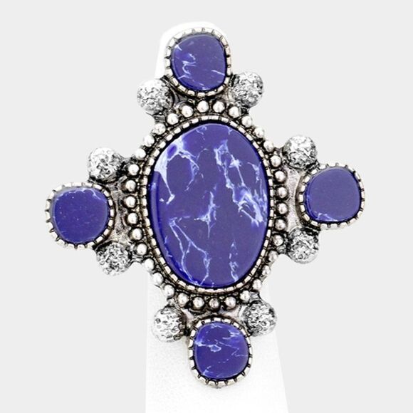 Lapis Lazuli (faux) Tribal Metal Stretch Ring - Picture 3 of 5